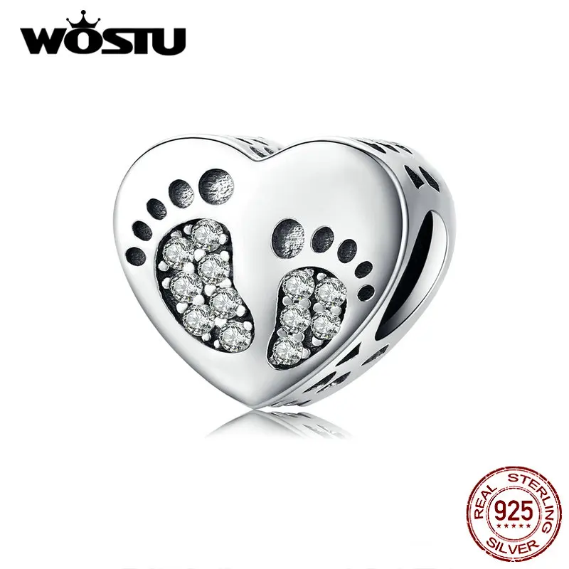 WOSTU, натуральная 925 пробы, серебряные следы, сердце, бусины, циркониевые амулеты, подходят к оригинальному браслету, кулон для женщин, ювелирные изделия CQC1395