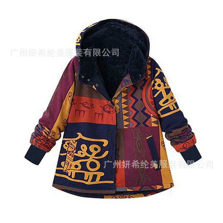 

2019 New Products Omega-Thick Velvet Long Sleeve Hooded Single-Breasted Multi-Color Fashion Cotton Linen Printed Cotton-padded C