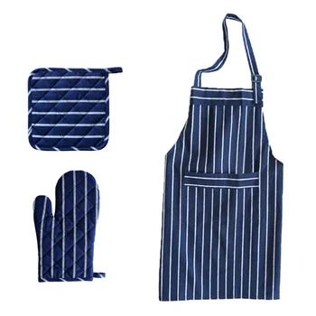 

1 Set 3 Pcs Stripe Cotton Aprons Oven Mitts and Potholders Cooking Gloves for Cooking Baking Grilling