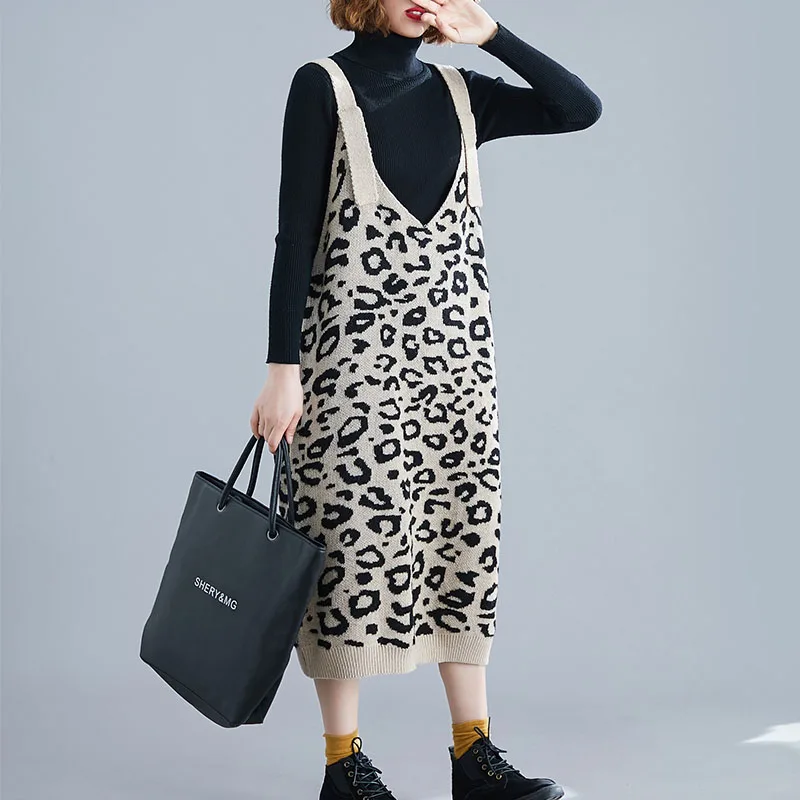 Осень-зима, винтажный комбинезон размера плюс, Леопардовый принт, платье большого размера без рукавов, вязанное платье макси на бретельках для женщин - Цвет: Бежевый