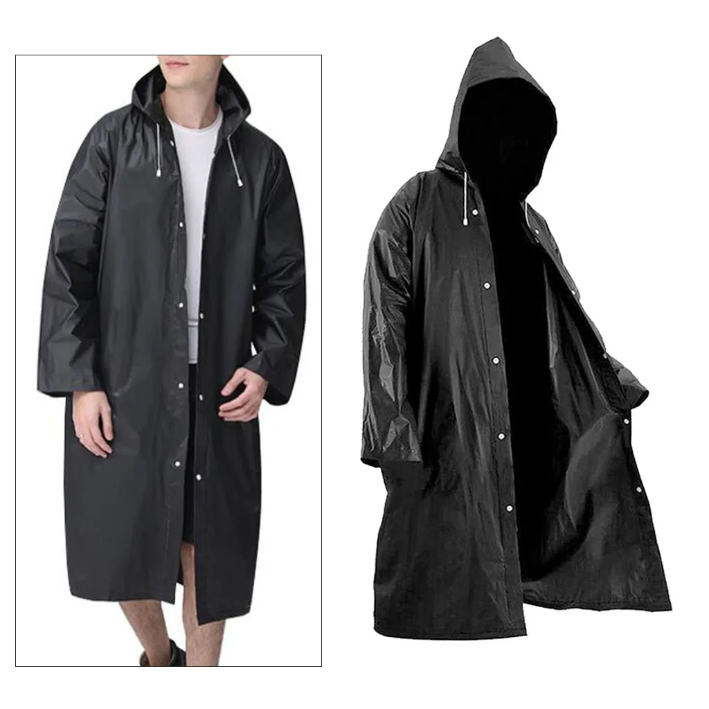Women Men Fashion Solid Black Rain Poncho Long-Sleeved Hooded Raincoat Waterproof Packable Rain Jacket with Drawstrings