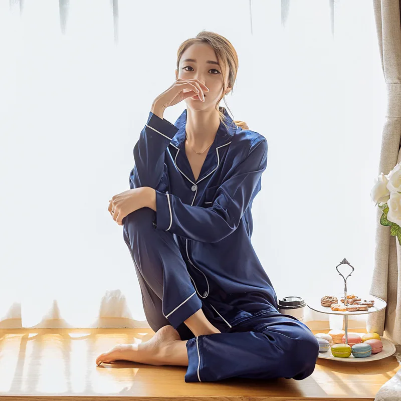 

Long Sleeve Imitated Silk Pajamas Women's Viscose Long-sleeve Suit Spring And Autumn Cardigan Thin-Outer Wear Celebrity Style Ho