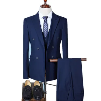 

Stylish new men's suit blue lapel double-breasted men's business office professional suits (jacket + pants + vest) custom made
