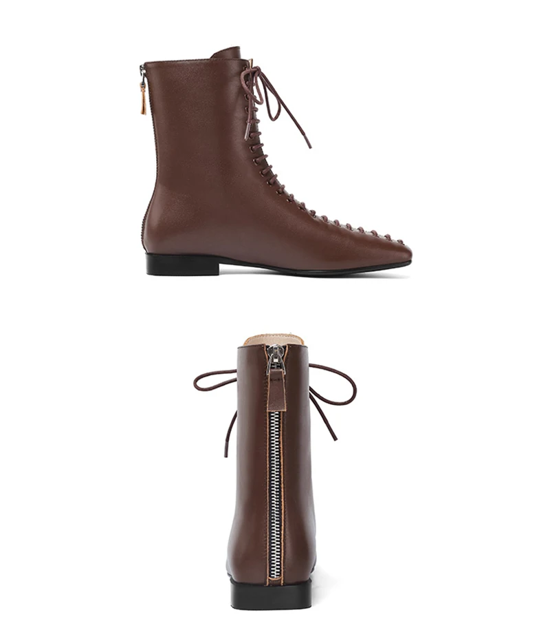 high quality fall brown black square toe genuine leather front lace up casual ankle boots autumn short women shoes booties