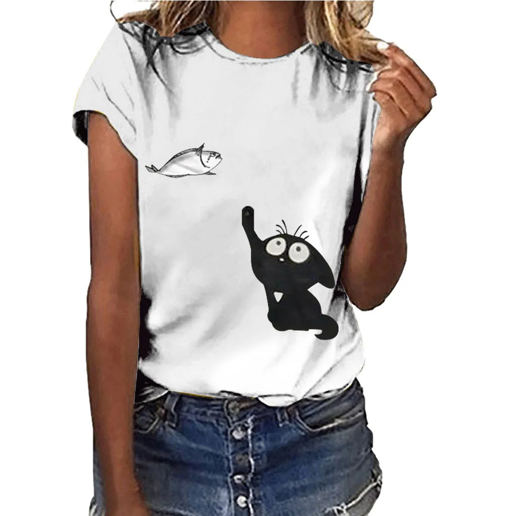 Black Cat What Tshirt Murderous Cat Knife Women Funny T Shirt Short Sleeve Halloween Tops Tees Femme Camisetas Verano Mujer 2019