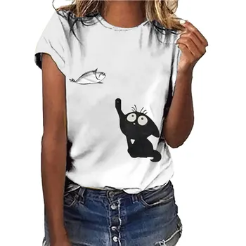 

Hillbilly Camisetas Verano Mujer 2019 Cat Catching Fish Lovely Women Cotton T Shirts Harajuku Cotton Graphic Tees Chemise Femme