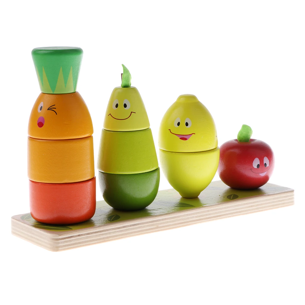 Cute Smiling Face Wooden Fruits Doll Stacking Game Building Blocks  Toy