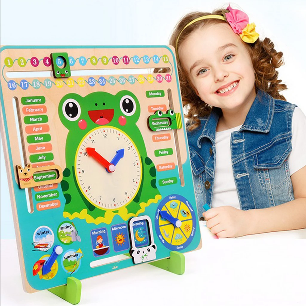 Wooden Teaching Clock Calendar Board Seasonal Weather Kids Toys