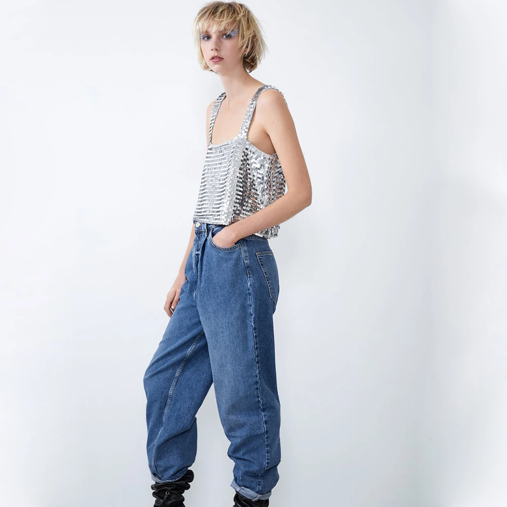 ZA Sequins сексуальный кожаный жилет для женщин модный весенний летний короткий элегантный сексуальный топ для ночного клуба Праздничный Рождественский подарок