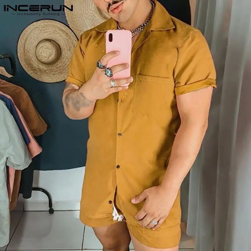 Mens Suits Shirts Short-Sleeve Men-Sets INCERUN Casual Summer 2pieces Drawstring Streetwear