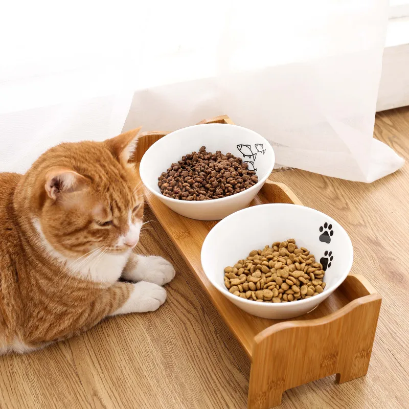 Pet Dog Bowl Bamboo Pet Stainless Steel/Ceramic Feeding and Drinking Bowls Combination with Bamboo Frame for Dog Cats Pet Feeder
