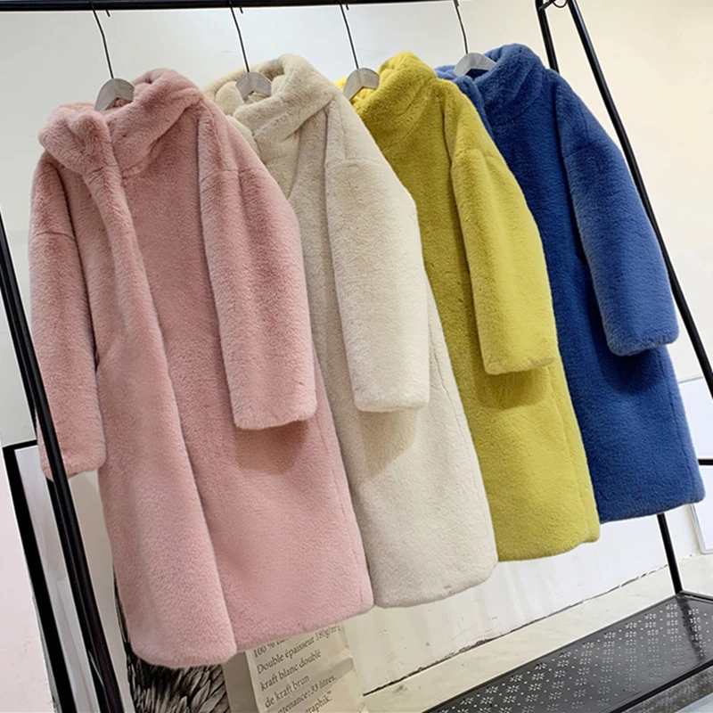 

Fur coat female medium long new winter thicken imitation water velvet fur large size loose hooded Parker coats women's