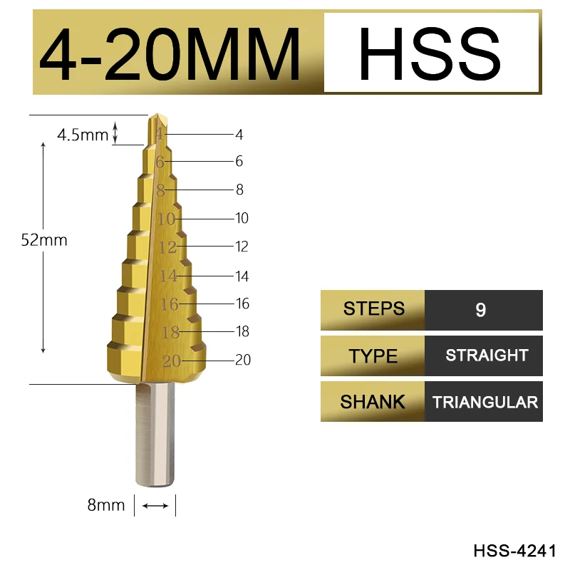 HSS4241 4-20 UCHEER Hss стальное титановое ступенчатое сверло с треугольным хвостовиком 4-12/4-20/4-32 шнековое сверло - Длина режущей кромки: HSS4241 4-20