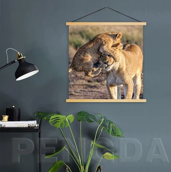 

Wall Art Painting Solid Wood Hanging Scrolls Lion Print Animal Canvas Modern Nature Home Decor Artwork Poster for Living Room