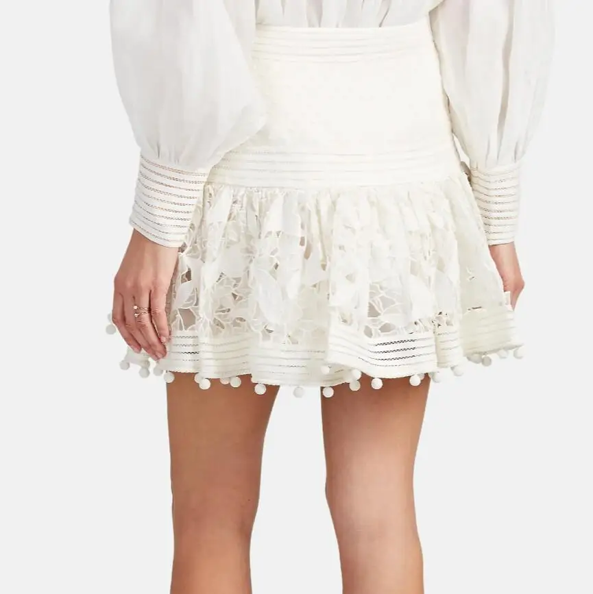 Spring Designer New Arrival Long Sleeve Hollow Out Ruffles White Shirt Lace Mini skirt 2 Pieces Set Blouse Top Short Skirt