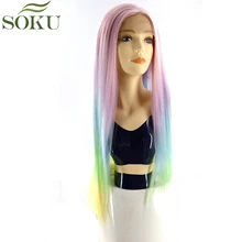 SOKU парики из искусственных волос на кружеве Омбре розовый синий желтый цветные парики из натуральных волос для черных женщин