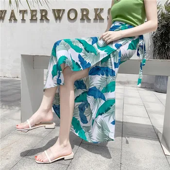 

Summer Lace-up Sunscreen Skirt Irregular Split Bag Hip Skirt Floral Print Chiffon Beach Skirt