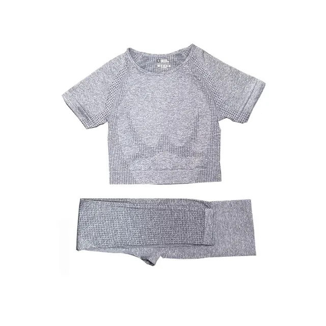 2/3/5PCS Women Sportswear Yoga Set Gym Clothing Tracksuit Long Sleeve Crop Top High Waist Seamless Leggings Fitness Sports Suits Short light gray