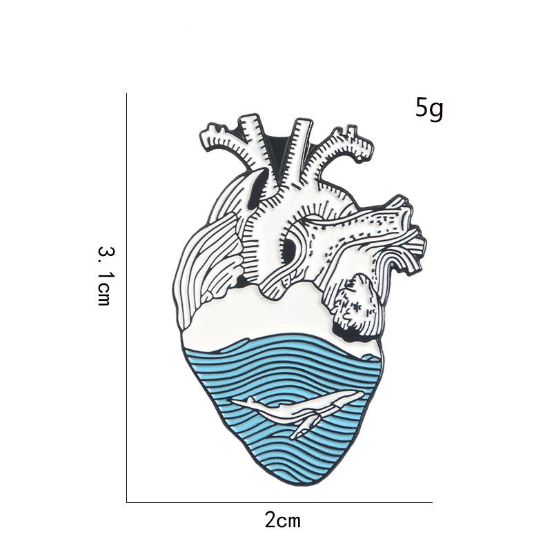 Высокое качество, Голубая волна, Кит, высококачественный сплав, брошь, сердце человека, анатомия, значок, джинсовая куртка, одежда, аксессуары, значок
