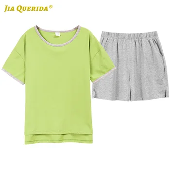 

Pjs Woman Ladies Preppy Style Pjs Pj Set Woman Clothes Fashion Style Casual Style Summer Green Pajamas Set Crew Neck Solid
