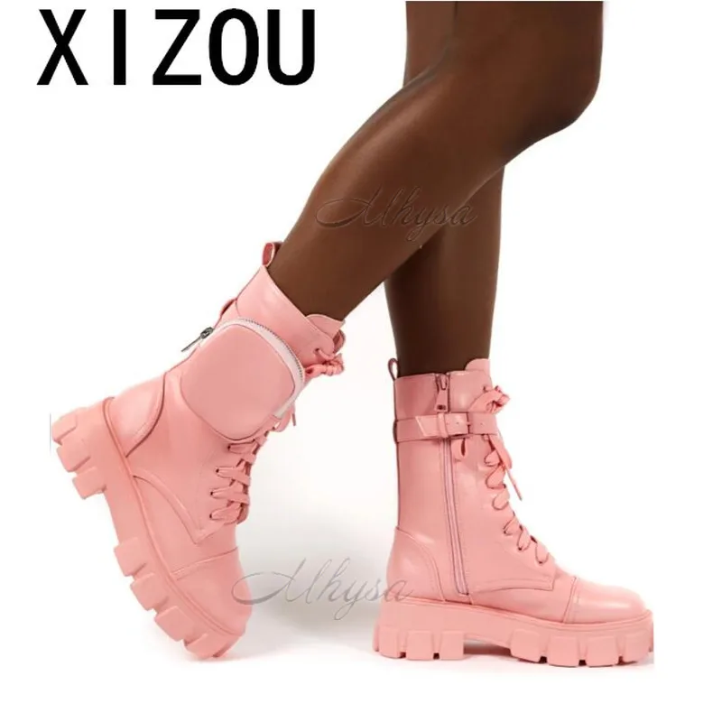 

2020 Autumn Winter Bootie Pocket Buckle Strap Pink Chunky Sole Pouch Ankle Boots Shiny Leather Patchwork Arrival Platform Boots