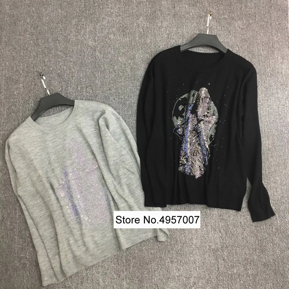 

Women Top Quality 100% Cashmere Black/Grey Long Sleeve Round Neck Glitter Stone Knit Sweater Pullover Top