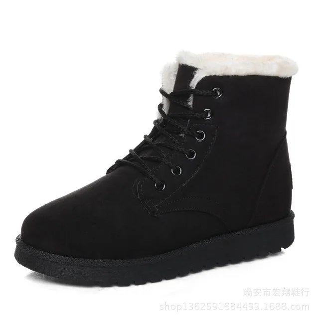 Женские ботильоны; модные зимние ботинки бежевого цвета; зимняя обувь на шнуровке; однотонные женские ботинки с плюшевой подкладкой; botas mujer - Цвет: black