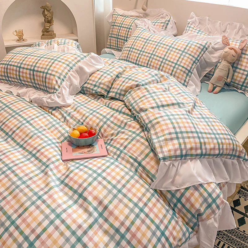 Waliicorners Queen King Quilt Duvet Cover Set Pillowcases Double Bed Set Luxury Soft Princess Ruffle Flower Plaid Bedding Set 8