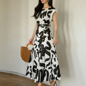 

Simple Korean Style Office Lady Vintage Dress Short Sleeve High Waist Printed Mid-Calf A-line Summer Women Dresses Vestido