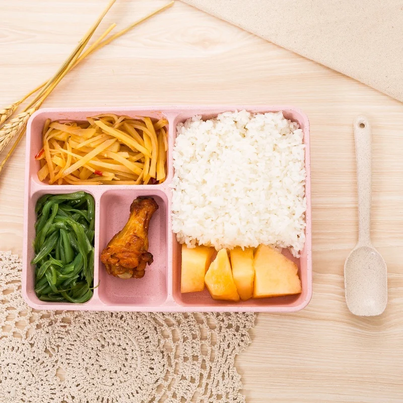 

4Grids Wheat Straw Compartment Sealed Lunch Box Portable Bento Box With Spoon For Microwave Heating Food Storage Container