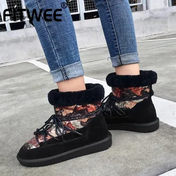 

FITWEE Real Leather Women Snow Boots Bling Warm Fur Winter Shoes Woman Lace Up Fashion Short Boot Lady Footwear Size 34-43