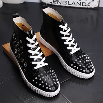 

Fashion Men's Lace up multicolour Rivets Rhinestone Front High Top Sports bottom Shoes For Men Sneakers Leather Loafers Footwear