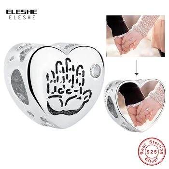 

ELESHE Personalized Customized Photo Handprint 925 Sterling Silver Heart Beads fit Original Charm Bracelet DIY Jewelry Making