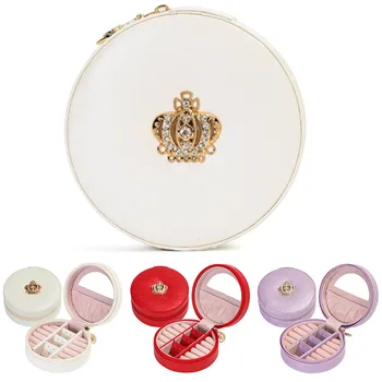 

Crown Design Multi-layer Organizer Portable PU Leather Jewelry Box With Mirror Round Case Earring Holder Rings Solid Necklace