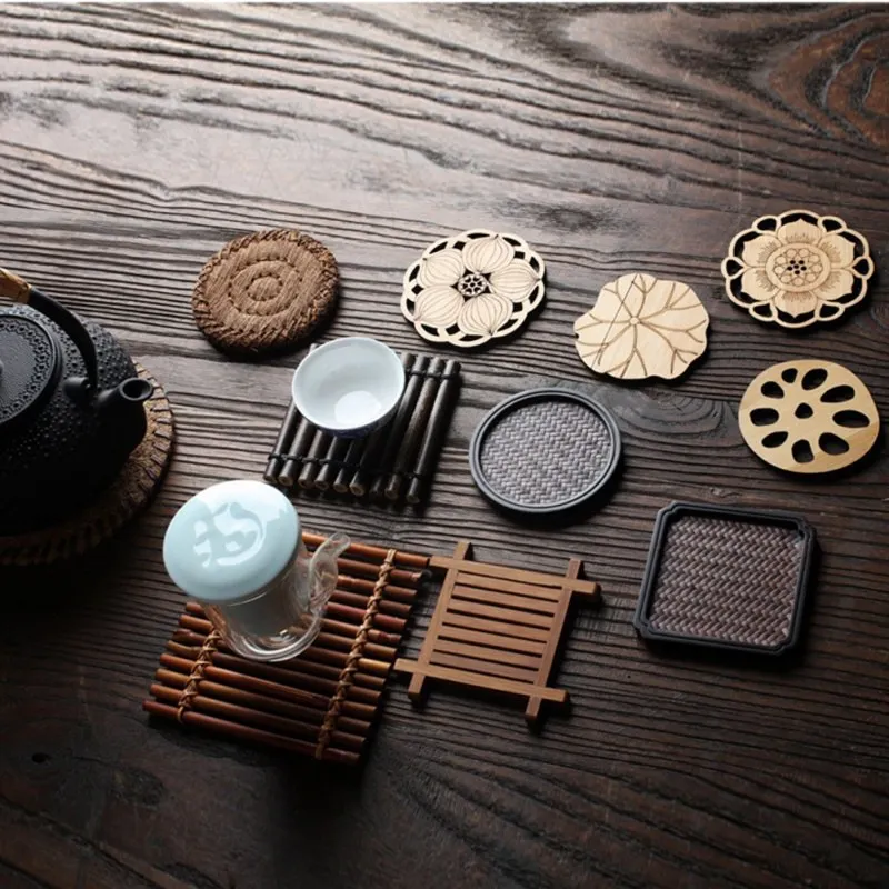 Wood Placemat Coaster Kitchen Table Bowl Mat Durable Hand Woven Insulation Coffee Cup Coaster Tea Ceremony Accessoriess Supplies coffee accessories tea set tea cup mat