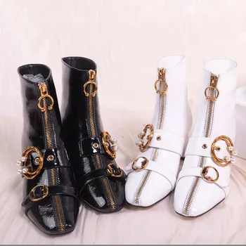 

US4-11 Womens Square Toe Ankle Boots Central Zipper Pearls Beads Circle Metal Decor Block Chunky Heel Leather Shoes Plus Size