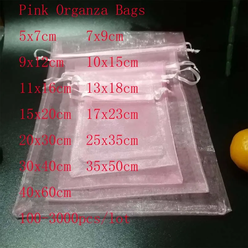 Wholesale 100 Pcs/lot Pink Organza Bags Drawstring Pouches Jewelry Bags Gift Packaging Bags Christmas Wedding Gift Package Bags