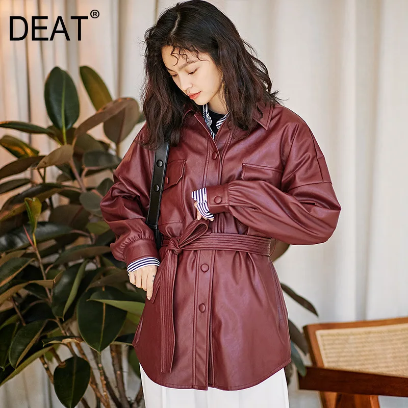 

[DEAT] 2019 New Spring Summer Lapel Long Sleeve PU Leather Bandage Single Breasted Personality Jacket Women Coat Fashion 13D427