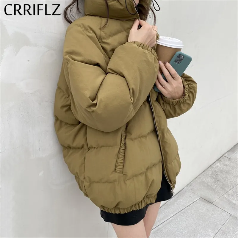 

CRRIFLZ Down Jacket Short Stand Collar Coats Winter Jacket Women Neckline Drawstring Simple Casual Warm Thicken Down Parka