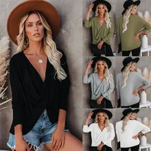 

Spring Autumn Tops for Women 2022 Casual Commuter Temperament V-neck Pleated T-shirt Pullover Long Sleeve Office Lady Tees