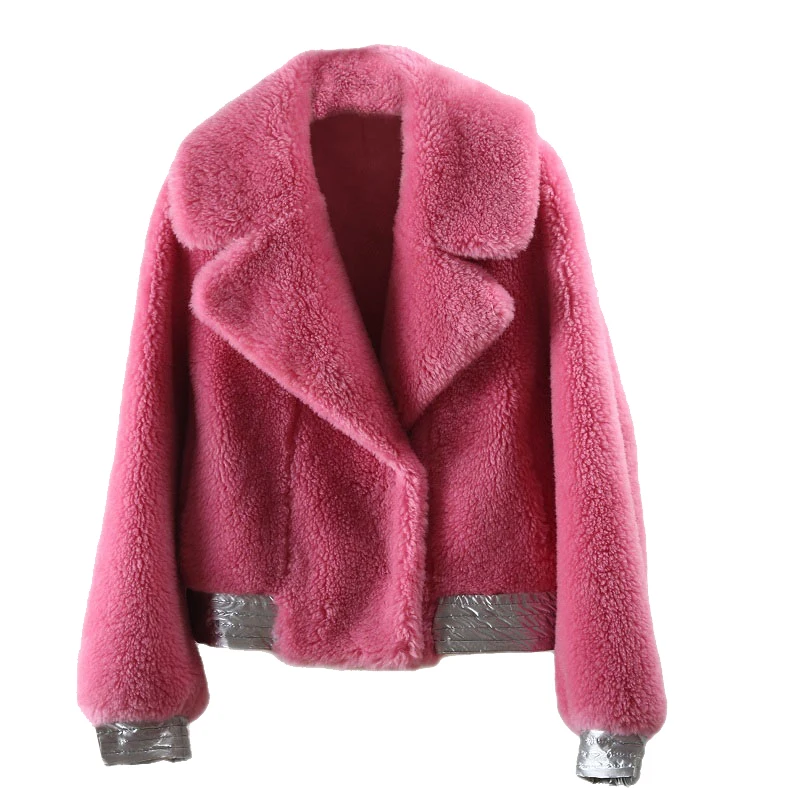 

2019 Korean Winter Female Large Grain Sheep Shearing Composite Fur Real Fur Coat Solid Color 100% Wool Locomotive Jackets