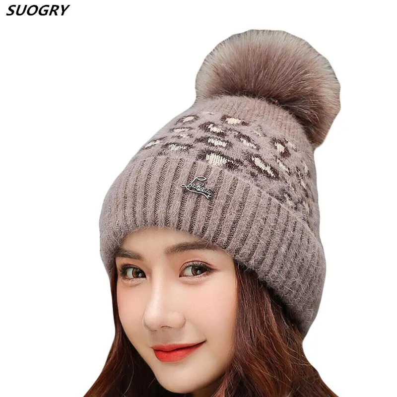 

Fashion Women Leopard Ball Pompom Hat Rabbit Fur Beanie Winter Warm Crochet Beanie Hedging Cap Beanie Hat For Women gorras
