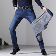 Зимние теплые джинсы мужские модные классические стильные плотные серые флисовые облегающие джинсовые брюки подходят Стрейчевые брюки мужские брендовые черные синие