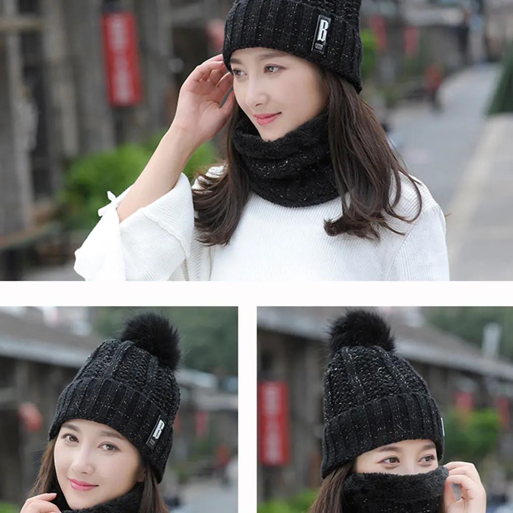 Brand Winter knitted Beanies Hats Women Thick Warm Beanie Skullies Hat Female knit Letter Bonnet Beanie Caps Outdoor Riding Sets