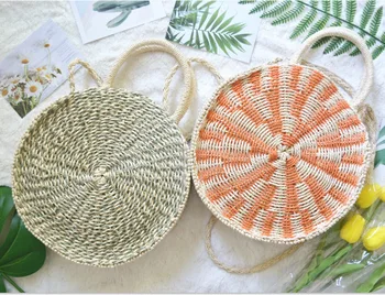 

Round Straw Beach Bag Vintage Handmade Woven Shoulder Bag Raffia circle Rattan bags Bohemian Summer Vacation Casual Bags