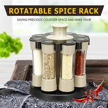 

Rotating Spice Storage Rack Stand Holder With 8 Condiment Bottles Kitchen Seasoning Organizer Shelf Set Storage Container Gifts