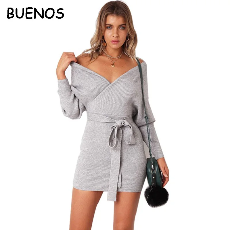 Трикотажное платье-свитер с длинным рукавом и V-образным вырезом | Женская одежда