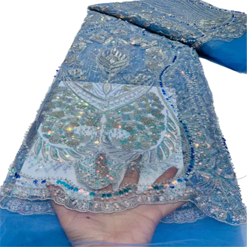 

2022 Latest French Nigerian Laces Fabrics High Quality handmade beaded Tulle African Laces Fabric for Wedding dress