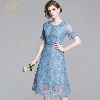 

H Han Queen Summer Vestidos Women Short Sleeve Lace Dress Fashion Slim Sexy Party Work Buiness Dresses A-line Casual Dresses New
