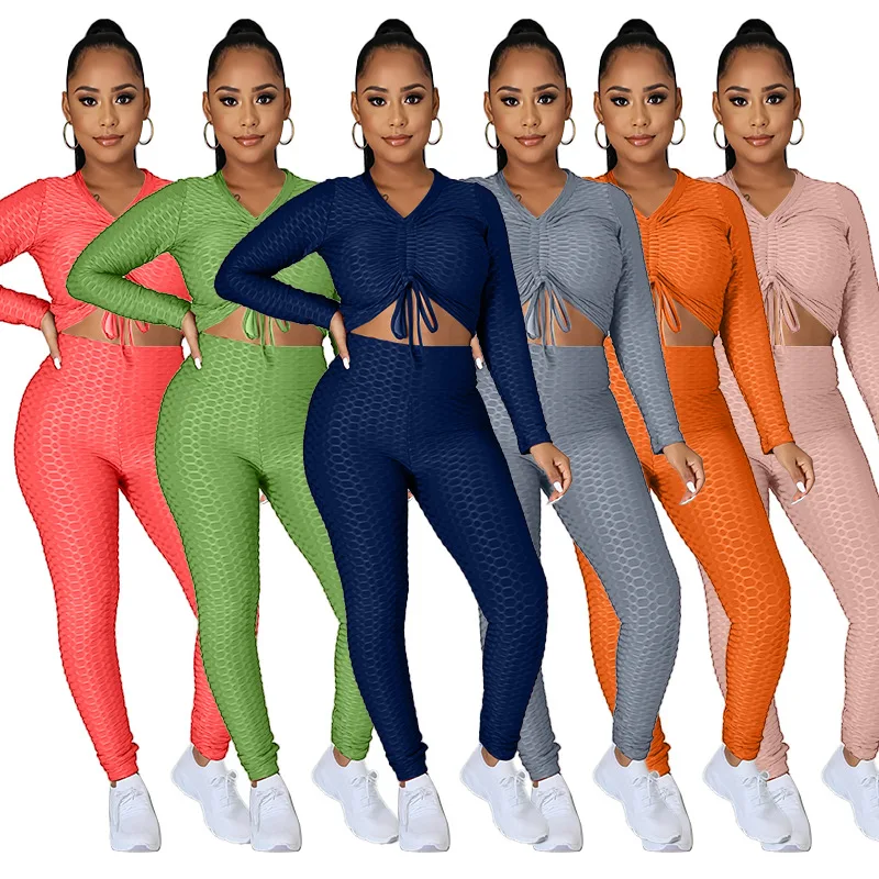 

Drawstring Ruched Long Sleeves Hole Pattern 16 Solid Color Tops & Leggings Bottoms New Arrival Suit 2 Piece Sets Womens Outfits